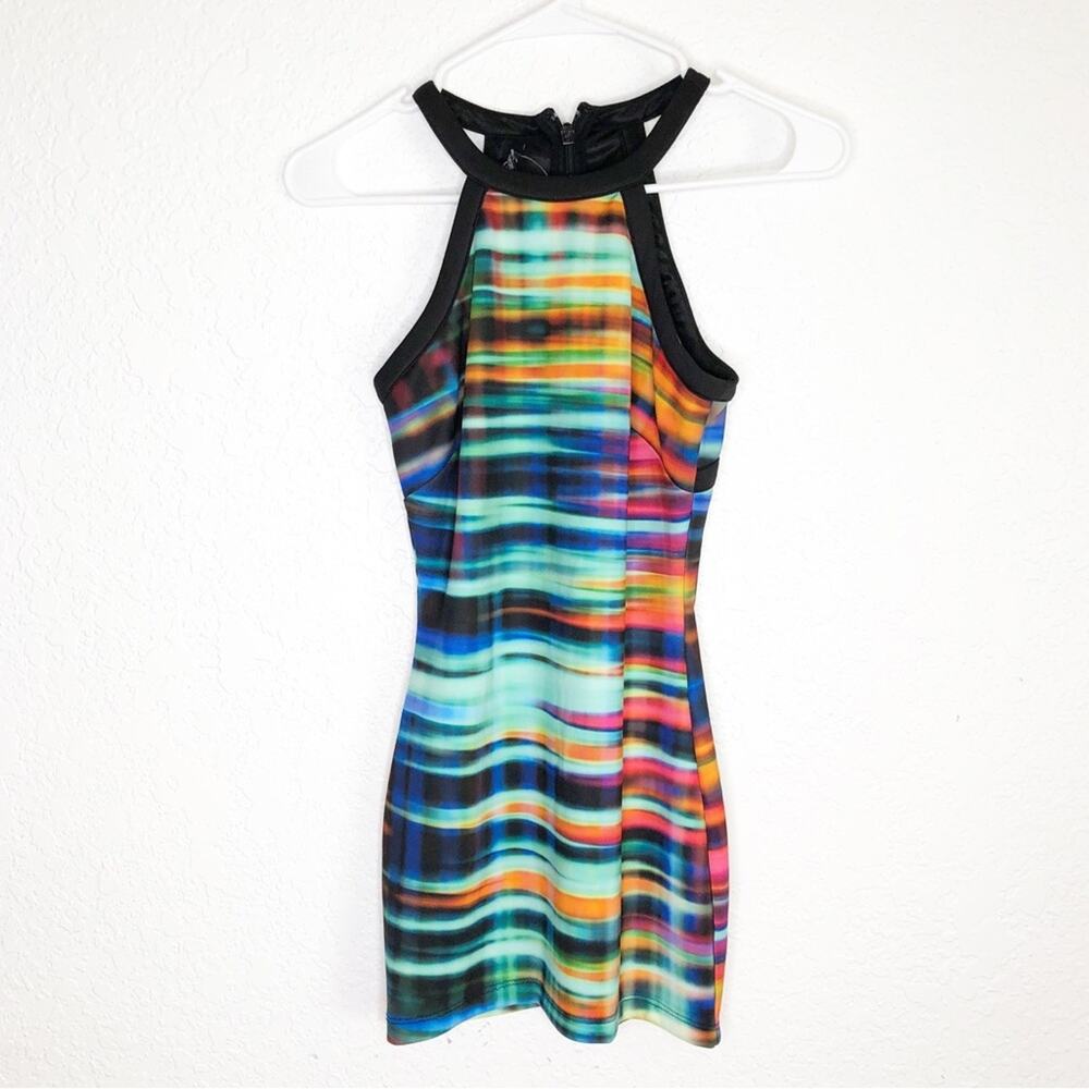 Bebe Back Cutout Animal Print black multicolor mini dress size XXS NWT